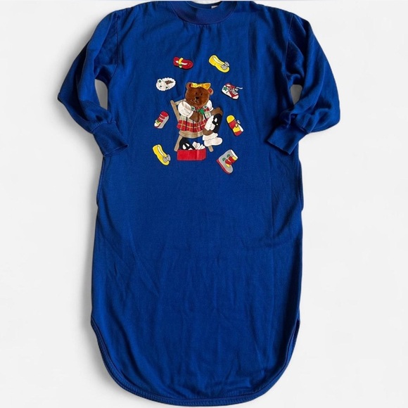 Vintage 1980’s Teddy Bear Plush Blue Long Sweatshirt Dress Women’s Sz M - Picture 2 of 7